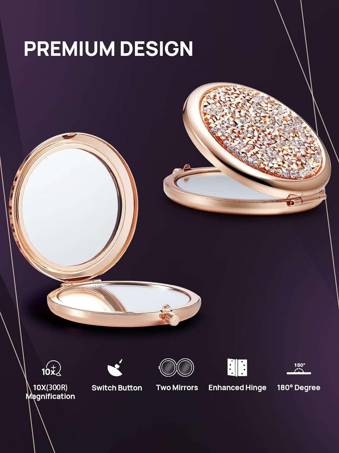 1X/10X(300R) Magnifying Compact Mirror, Mini Mix Diamond Metal Pocket Makeup Mirror (Rose Gold)