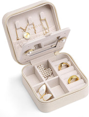 Small Travel Jewelry Box Organizer - Mirrored Carry-on Jewelries Necklaces Rings Earrings Necklace Storage Case, Beige