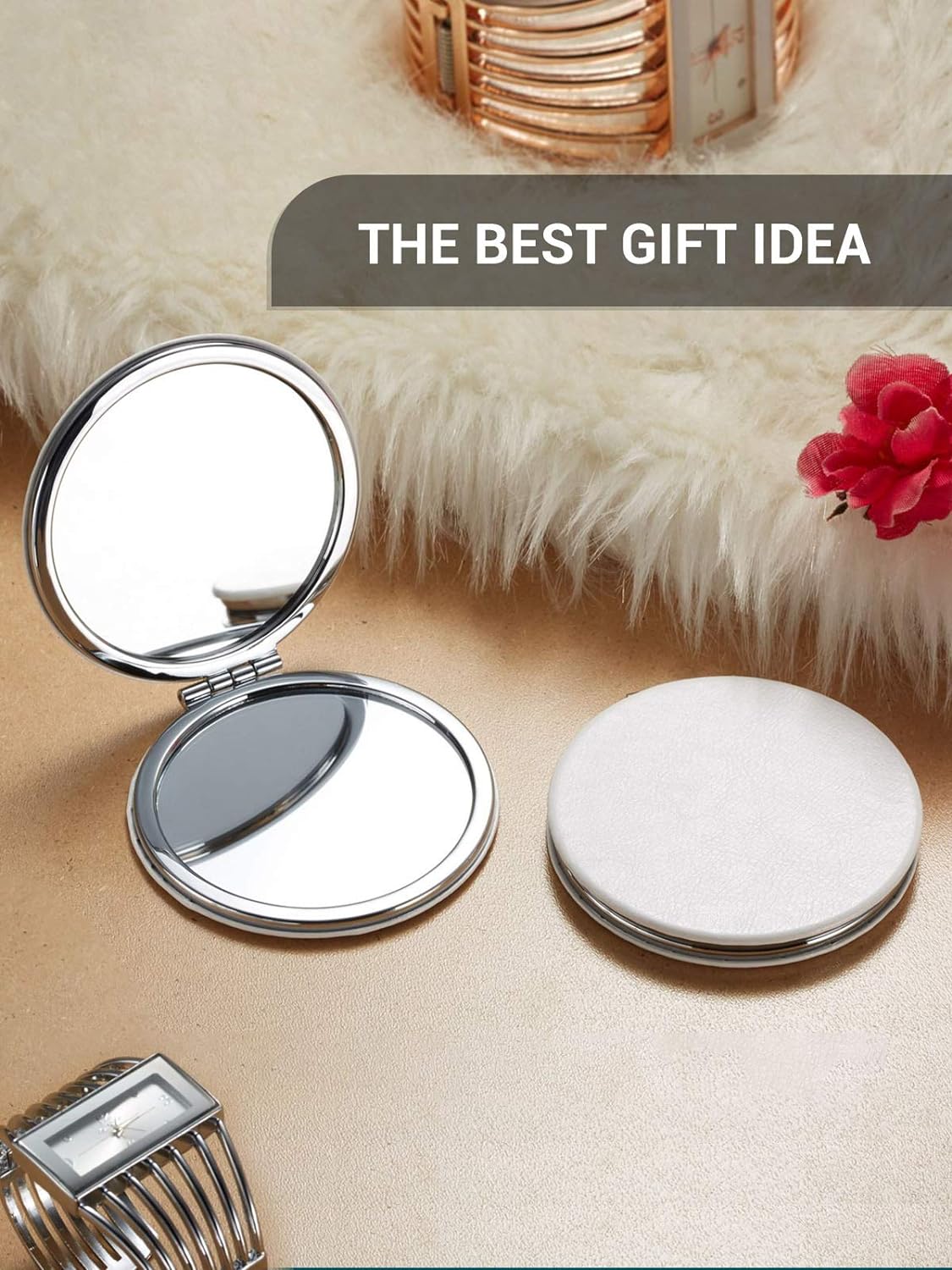 Compact Mirror,Double-Sided Makeup Small Mirror for Purse with 1X/3X Magnification PU Leather (White, 2.8")