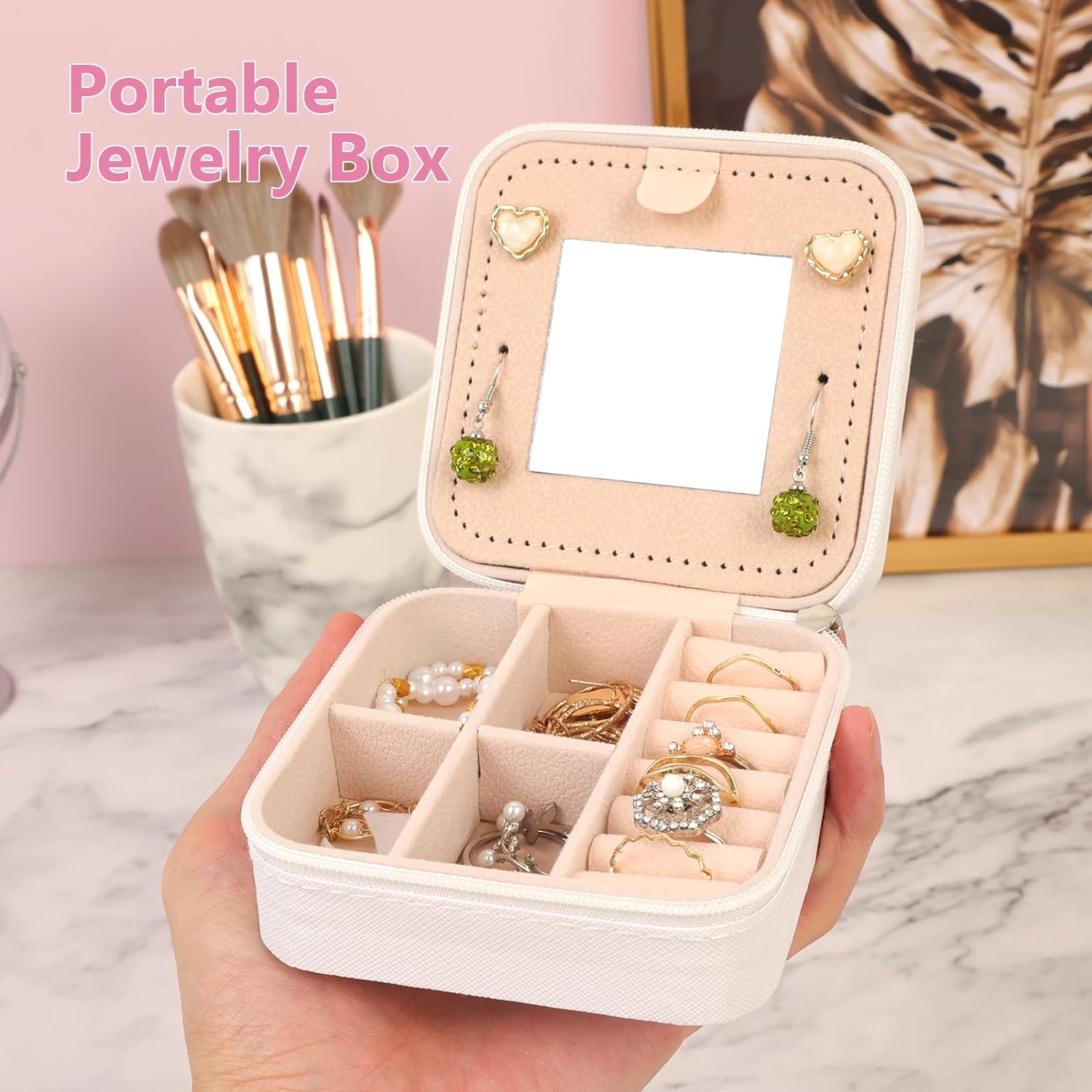 Travel Jewelry Case Organizer, Gifts for Women, Small Jewelry Box Jewelry Organizer, Necklace Organizer Earring Organizer Box with Mirror, White Travel Essentials Initial L