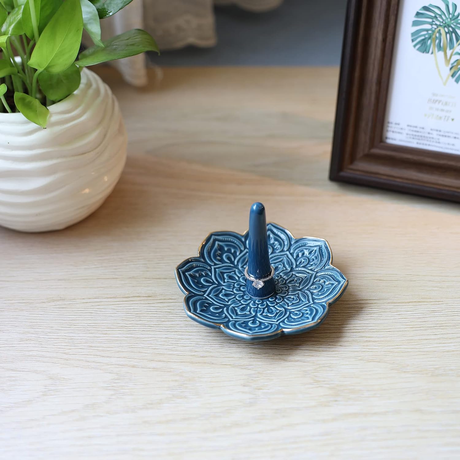 Mandala Ring Holder,Decorative Jewelry Holder,Birthday Christmas Thanksgiving Day Engagement Wedding Gifts for Women,Ceramic Navy Blue