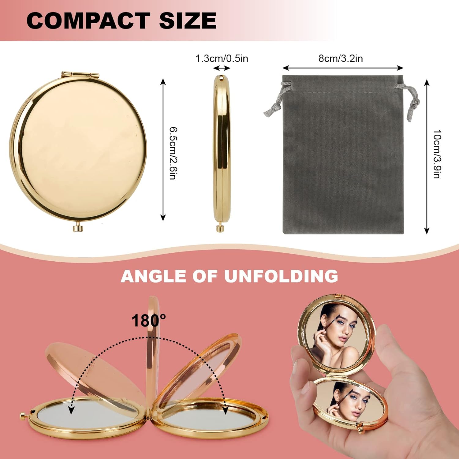 Magnifying Compact Mirror for Purses with 2 x 1x Magnification, Folding Mini Pocket Double Sided Travel Makeup Mirror,Perfect for Purse, Pocket and Travel,Cosmetic Mirror with Storage Bag