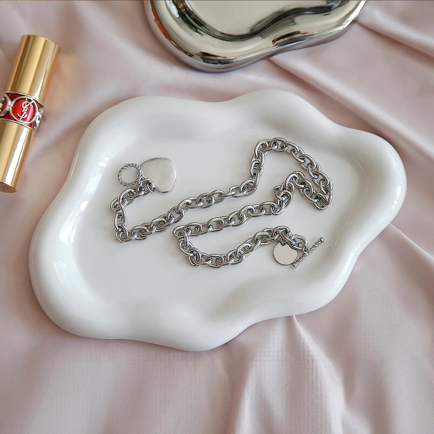 Jewelry Dish Trinket Tray for Women, Ring Dish Holder, Unique Cloud Shape Ceramic Plate Cute Things Vanity Aesthetic Room Decor Mother's Day Birthday Christmas Warm House Gifts (White)