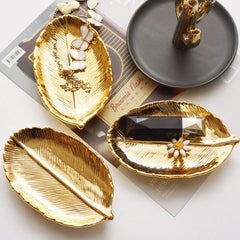 Golden Leaf Shaped Small Ceramic Jewelry Ring Dish Necklace Bracelet Holder Tray Organizer, Ceramic Decorative Trinket Dish for Wedding Party Woman Girl - Gold Leaf