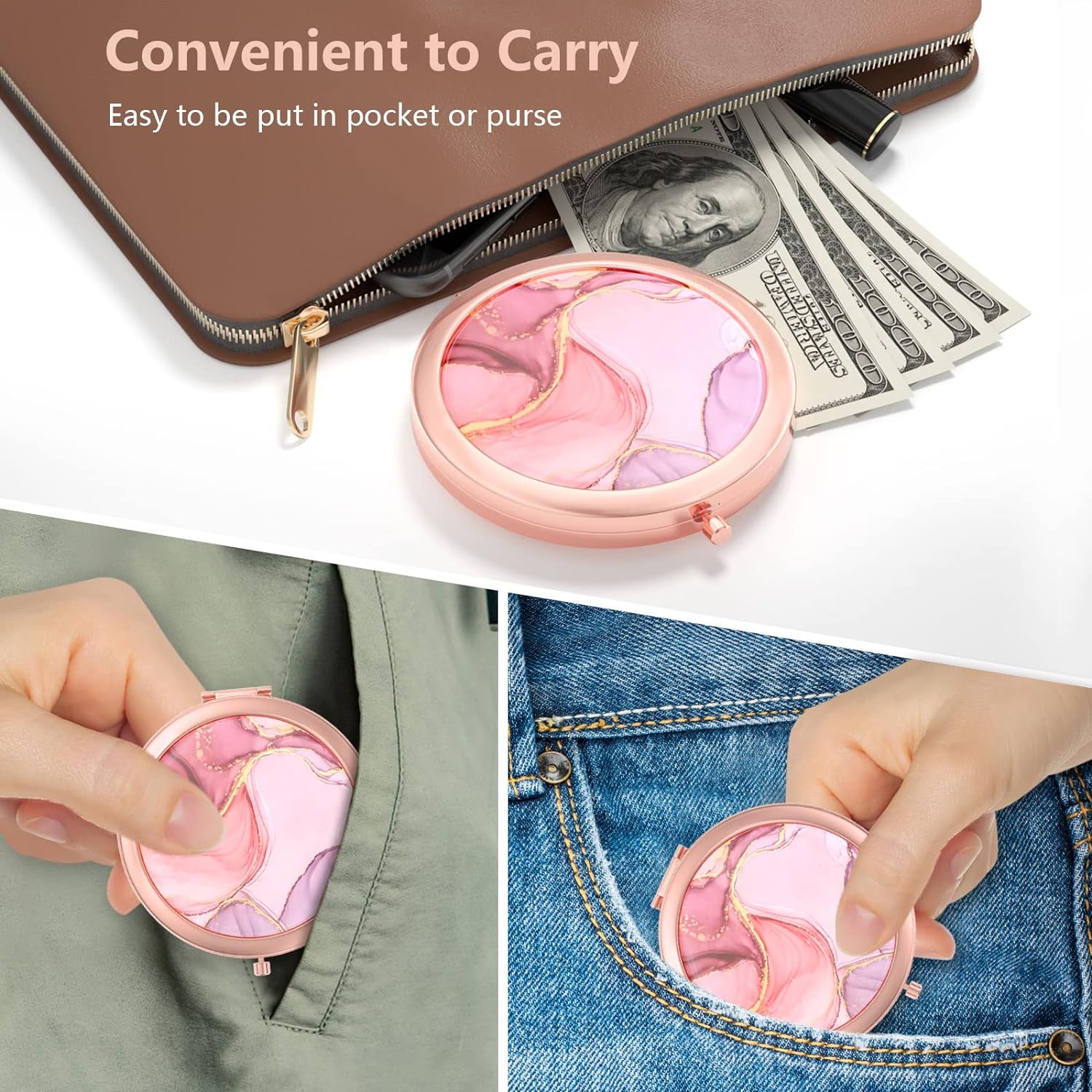 Compact Mirror, Pocket Travel Makeup Mirror, 2-Sided 2X/1X Magnification Compact Mirror, Small Folding Portable Handheld Mirror for Purses, Gift for Mom Women, 2.75In Rose Gold(Pink Marble)