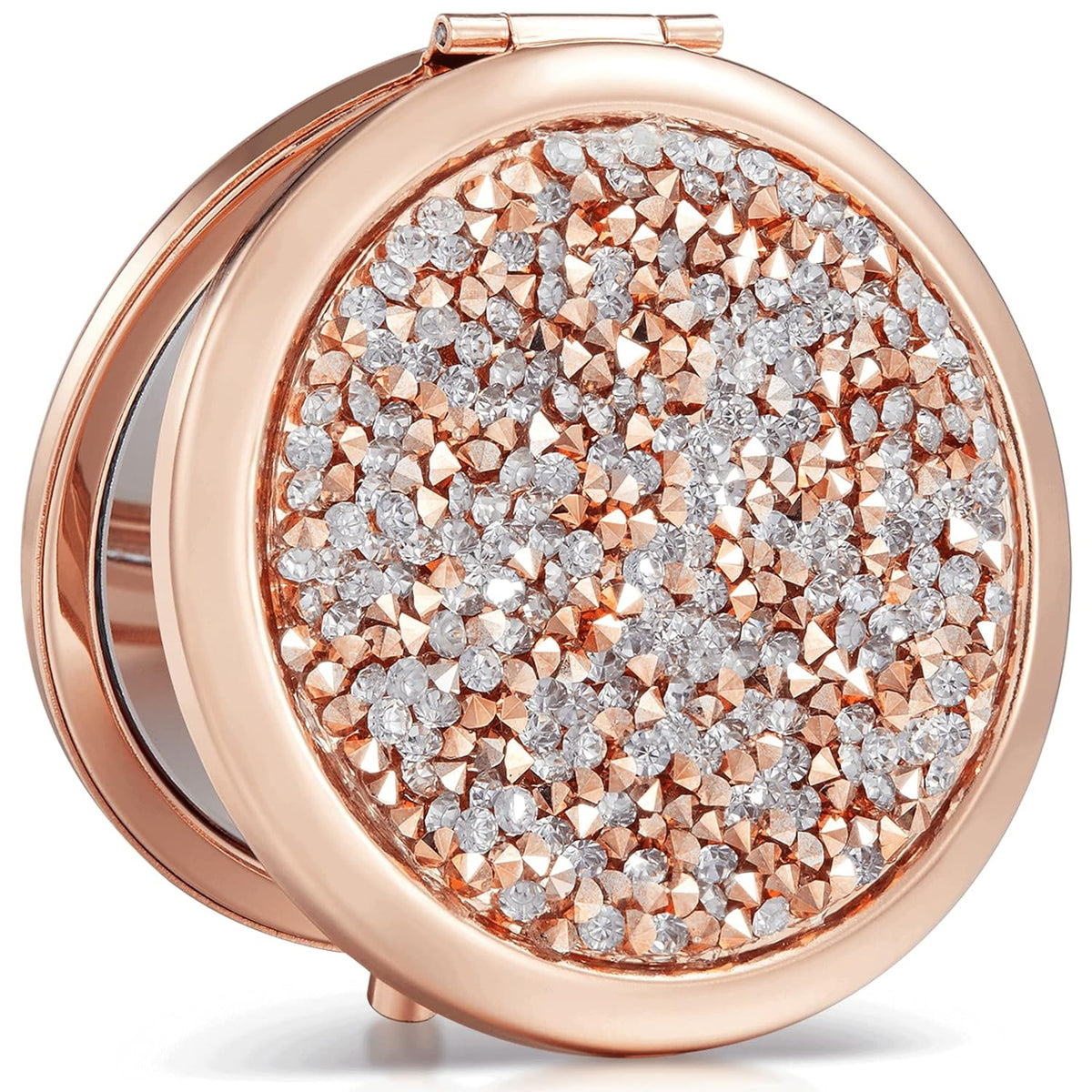 1X/10X(300R) Magnifying Compact Mirror, Mini Mix Diamond Metal Pocket Makeup Mirror (Rose Gold)