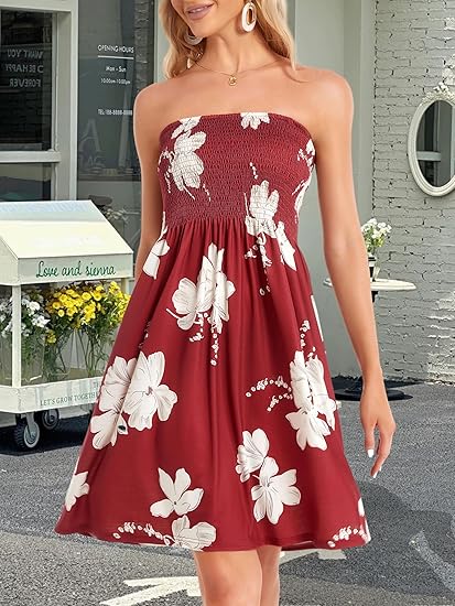 Summer Dresses for Women Beach Cover Ups Strapless Boho Floral Print Sundress