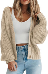 Women's Chunky Knit Open Front Sweater Long Sleeve Button Loose Short Cardigan Outerwear Coats