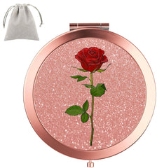 Compact Mirror Rose Gold Makeup Mirror Folding Mini Pocket Mirror Portable Hand Mirror Double-Sided 2 x 1x Magnification for Woman Girls Great Gift (A-Red Rose)