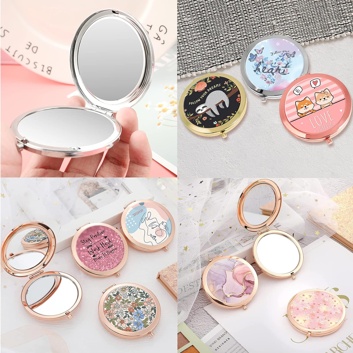 Compact Mirror for Women,Round Mini Pocket Travel Makeup Mirror,Pretty Portable Folding Small Pocket Mirror for Handbag,Purse, Handheld Pocket Mirror(Silver Purple Butterfly)