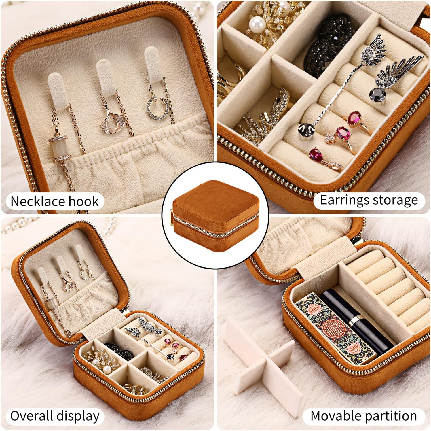 Plush Velvet Travel Jewelry Case Organizer,Small Travel Jewelry Box,Portable Jewelry Box Travel Mini Organizer Portable Display Storage Box For Rings Earrings Necklaces Gifts (Caramel)