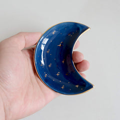 Small Moon Jewelry Dish Tray, Decorative Ceramic Trinket Dish, Modern Accent Tray for Vanity, Blue