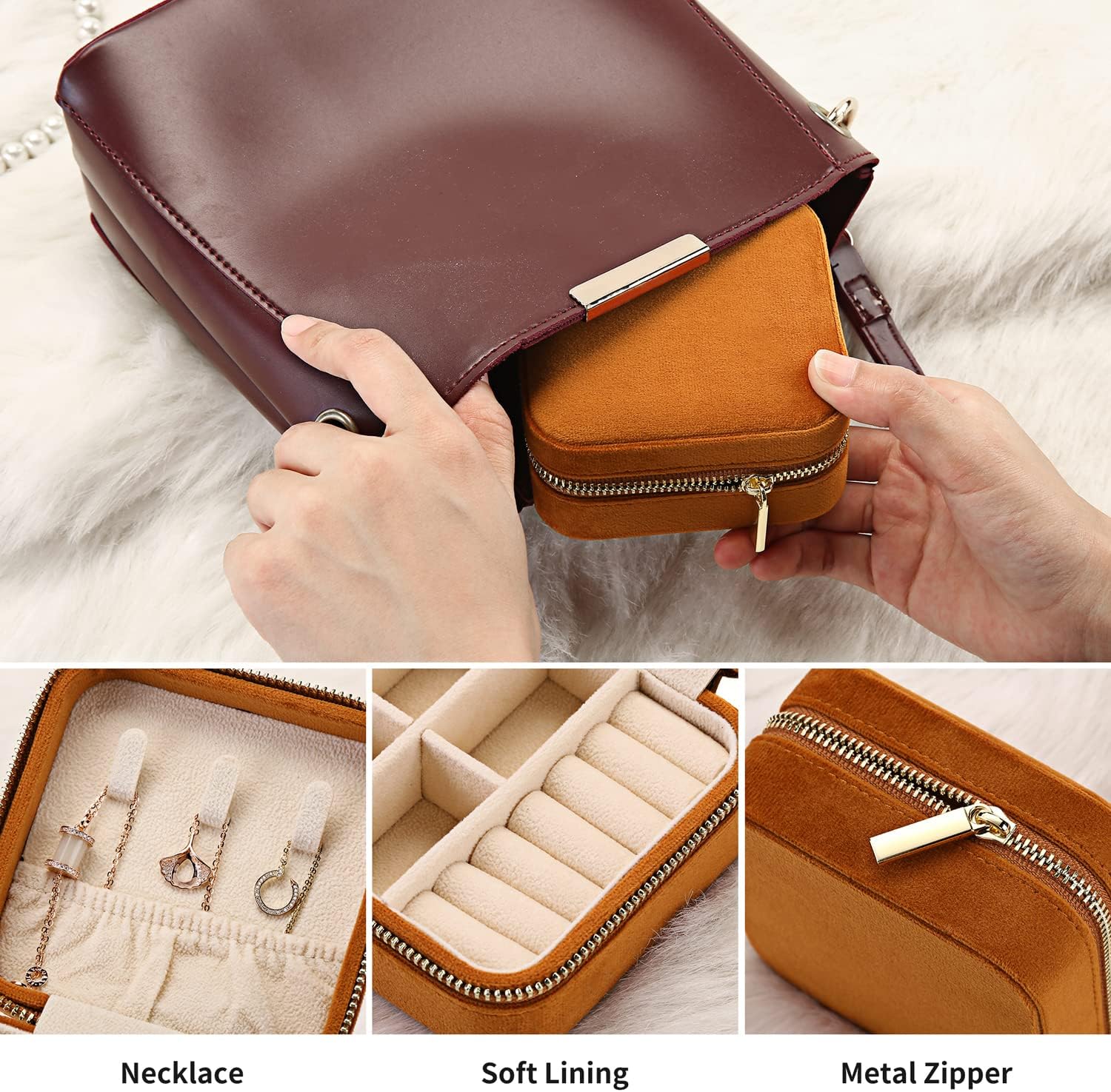 Plush Velvet Travel Jewelry Case Organizer,Small Travel Jewelry Box,Portable Jewelry Box Travel Mini Organizer Portable Display Storage Box For Rings Earrings Necklaces Gifts (Caramel)