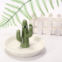 Ceramic Cactus Ring Holder with Derorative White Dish for Jewelry,Christmas Birthday Gifts for Women