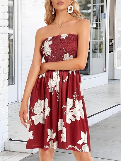 Summer Dresses for Women Beach Cover Ups Strapless Boho Floral Print Sundress