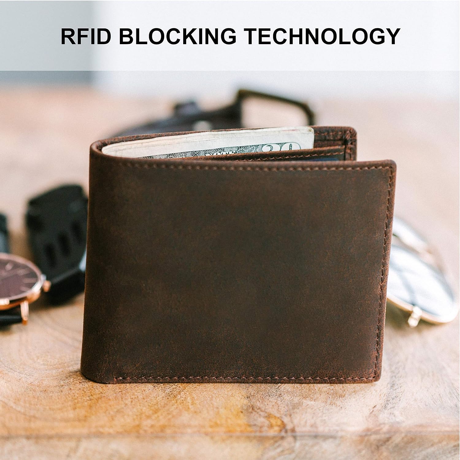 Top Grain Leather Wallet for Men | RFID Blocking | Bifold, Extra Capacity with 2 ID Windows | Ultra Strong Stitching | Slim Billfold with 8 Card Slots | Gift for Him