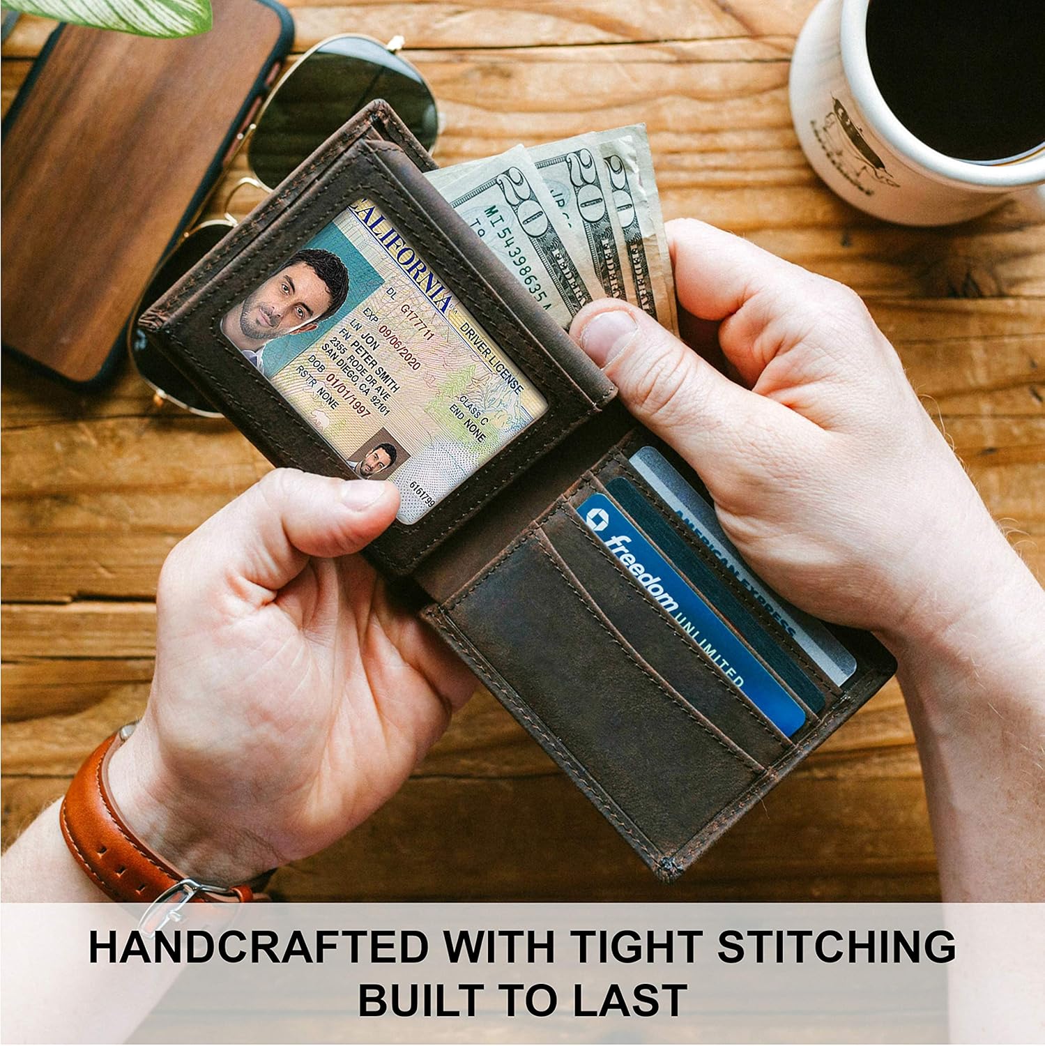 Top Grain Leather Wallet for Men | RFID Blocking | Bifold, Extra Capacity with 2 ID Windows | Ultra Strong Stitching | Slim Billfold with 8 Card Slots | Gift for Him