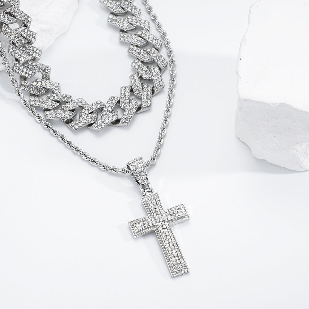 Full Diamond Cross Pendant Cuban Link Chain