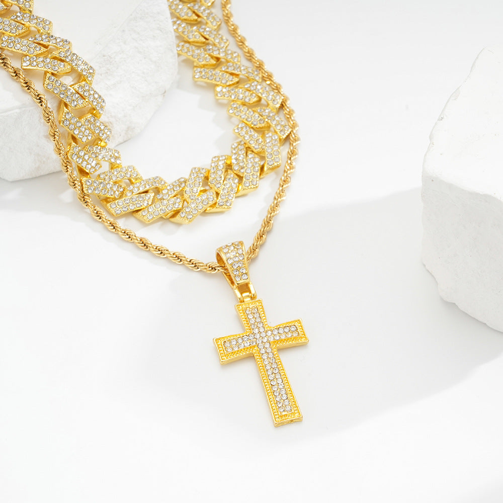 Full Diamond Cross Pendant Cuban Link Chain